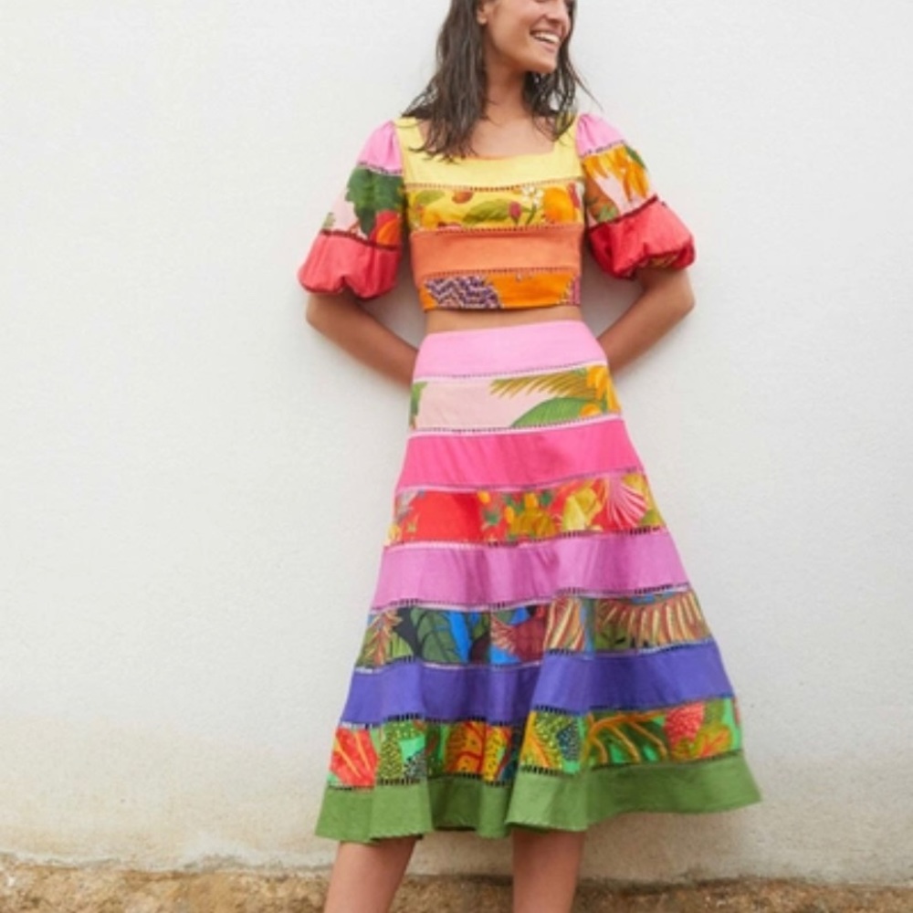 Rainbow Mixed Print Tiered Linen Blend Top In Mix Print